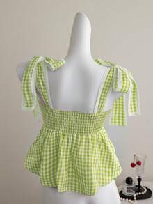 Elamini Camiseta de tirantes con volantes y lazo a cuadros, moda para mujer - Verde - Ver 2