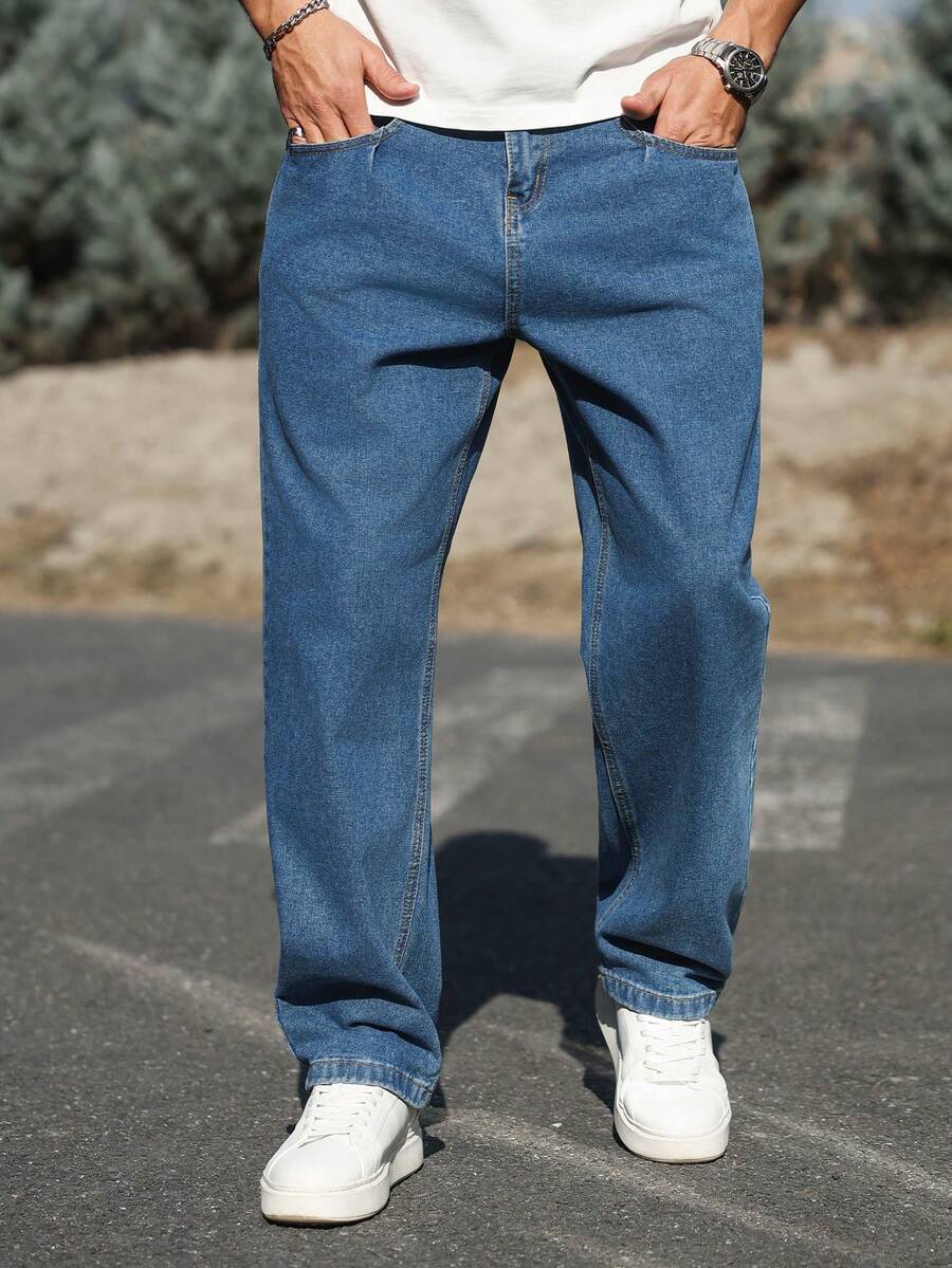 Manfinity Homme Men's Straight Loose Casual Versatile Jeans With Pockets - Blue - View 1