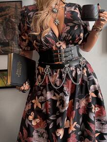 Whyspr Fashionable Square Neck Butterfly Print Sexy Short Sleeve Waist Cinching Printed Dress