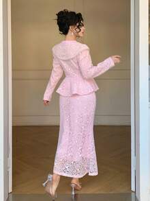 DAZY 2pcs/Set Fitted Long Sleeve Top And High Waist Bodycon Skirt Suit, Fashionable Women Outfit - Pink - View 2