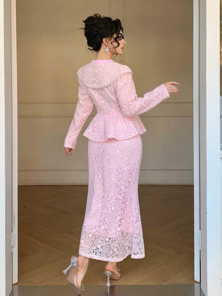 2pcs/Set Fitted Long Sleeve Top And High Waist Bodycon Skirt Suit, Fashionable Women Outfit