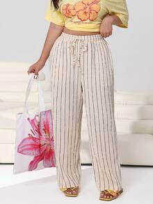 Solflare Plus Size Casual Striped Drawstring Waist Pants - Cream - View 5