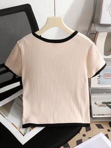 SHEIN Camiseta de manga corta elegante y casual con contraste de costilla para adolescentes - Caqui - Ver 2