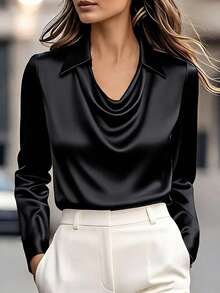 EMERY ROSE Women's Fashionable Elegant Draped Collar Satin Satin Blouse, Versatile For Casual, Commute, Date, Business, Daily Office, Graduation Ceremony Silk Tops For Women Business Casual Top Silk Blouse Office Blouse Satin Blouses For Women - Black - View 2