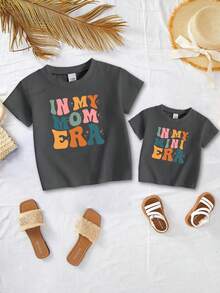 SHEIN Baby Girls' Round Neck Short Sleeve T-Shirt, Colorful Letter Print, Suitable For Spring And Summer, Fashionable And Versatile - Grey - View 3