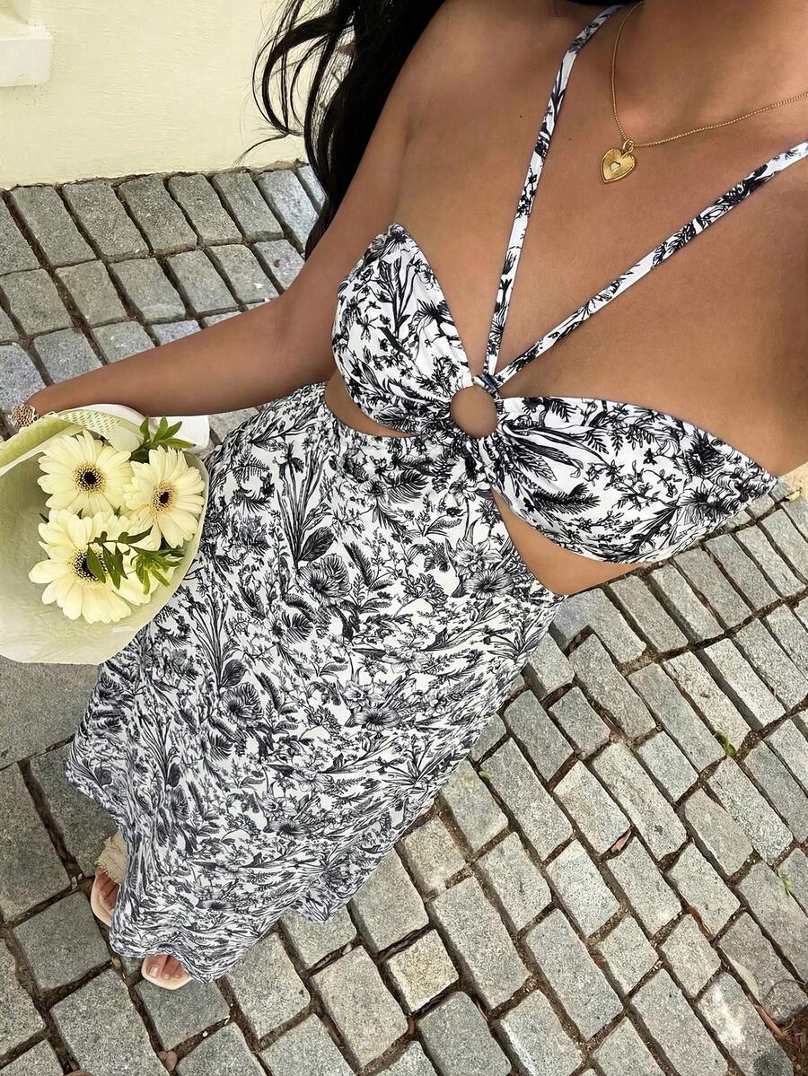 Sunnyshic Đầm nữ kiểu dáng thường ngày, in họa tiết cây cỏ, hở lưng, cổ yếm. - Đen và trắng - Xem 1