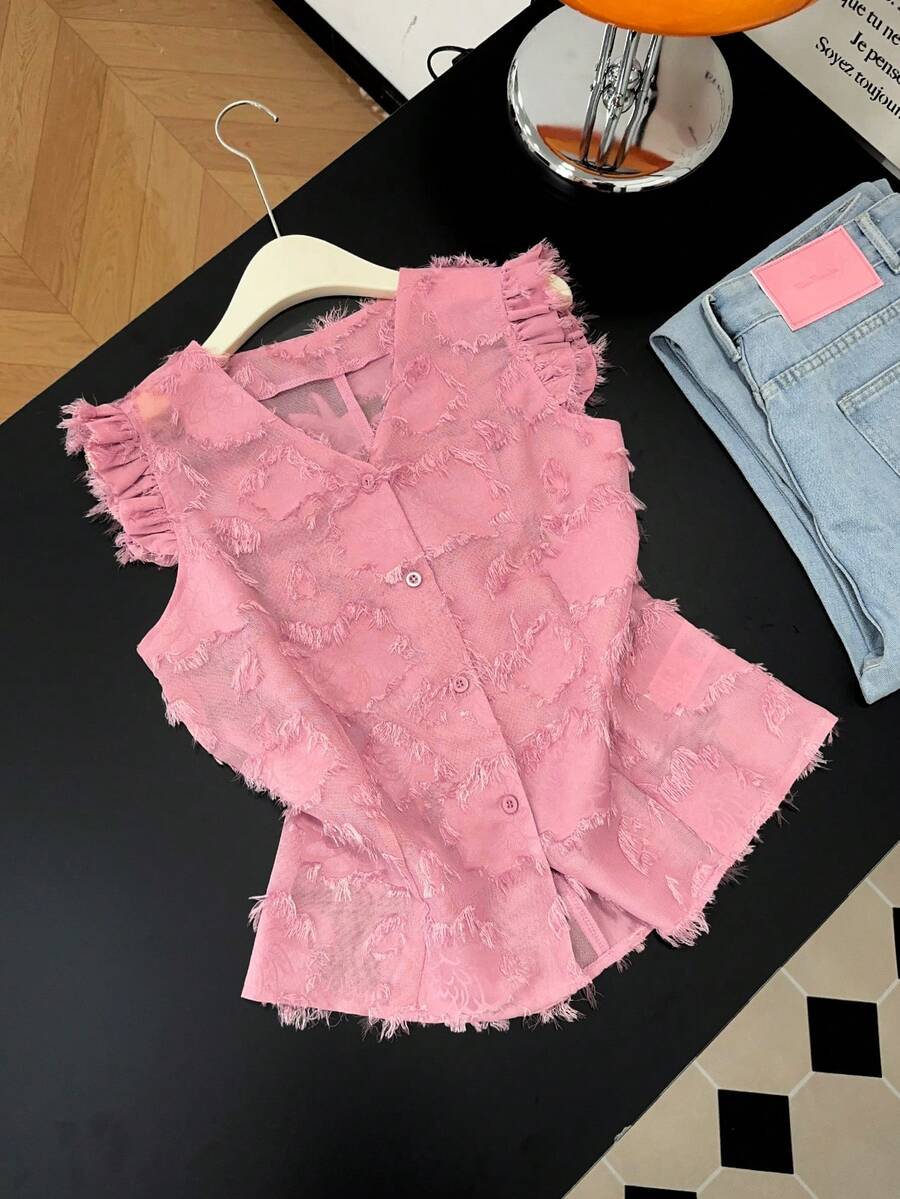 Franclia Women's V-Neck Single-Breasted Fringed Texture Elegant Casual Tank Top Women Summer 2 Pieces Sets Girly Tops 2 Piece Denim Sets Woman - Pink - View 1