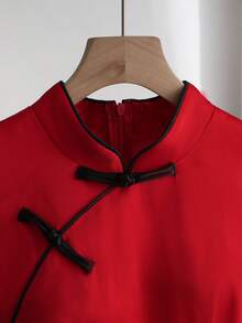 SHEIN LUNE 女士酒红色中国结腰身A字休闲日常通勤外出下午茶约会度假春节无袖中长连衣裙，春夏款 - 酒紅色 - 查看 5