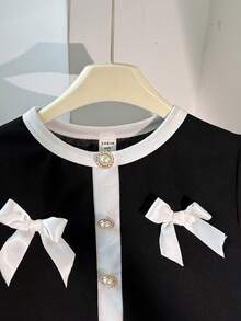 SHEIN 少女休闲正式优雅返校套装，黑白撞色蝴蝶结装饰圆领上衣搭配直筒撞色裤 - 黑與白 - 查看 6