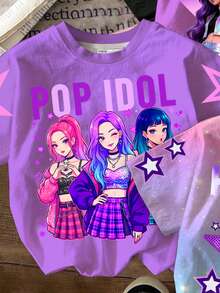 SHEIN 3件套 女童圆领卡通字母印花休闲百搭日常短袖T恤 - 彩色 - 查看 4