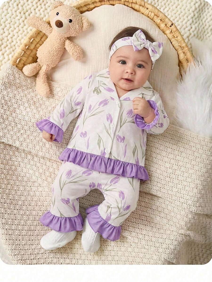 Set Piyama Lengan Panjang Rajut Kasual Lucu Motif Bunga Aprikot untuk Bayi Perempuan - Purple - View 1