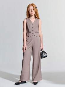 Maija Kids Maija Kids Bộ đồ 2 mảnh cho bé gái tuổi teen: Áo không tay cổ chữ V và chân váy dài, kiểu dáng thường ngày. - Xám - Xem 1