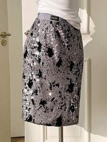 SHEIN Unity Spring Autumn Black And Silver Velvet Shiny Sequin Skirt,Adjustable Elastic Waist,Seksi Chic Night Out Elegant Party Office Business 90s Retro Skirt - Grey - View 3