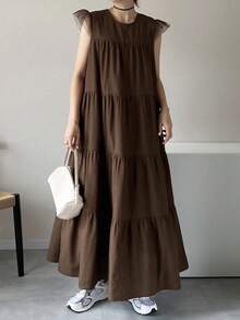 FRIFUL Gaun Wanita Kasual Longgar Warna Polos dengan Rok Mengembang, Serbaguna untuk Musim Semi dan Musim Panas. - Coffee Brown - View 5