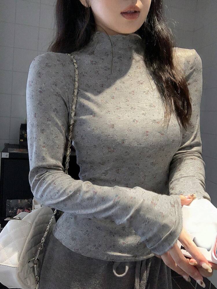 Women's Floral All-Over Print Long Sleeve High Neck T-Shirt, Korean Style, Spring/Autumn