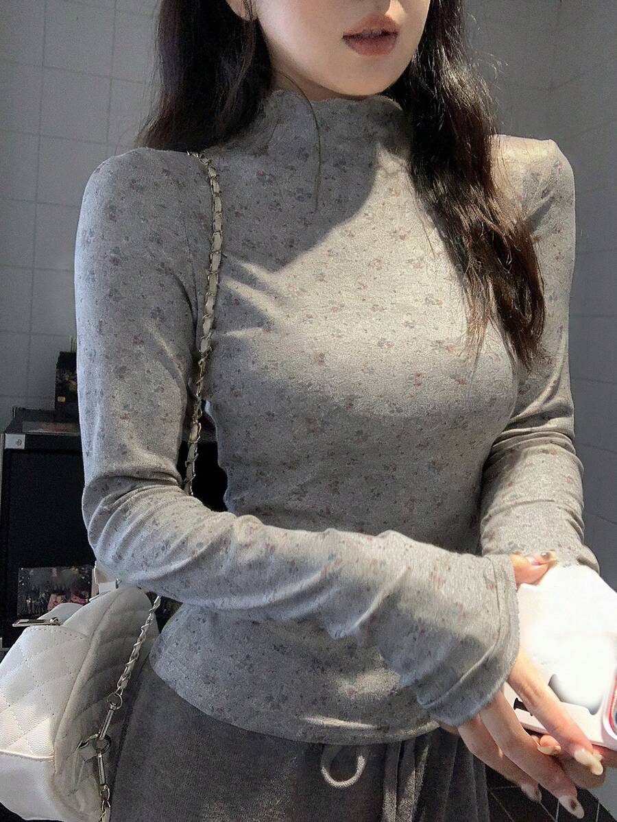 DAZY 女士印花长袖高领T恤,韩版风格,春秋季 - 灰色 - 查看 1
