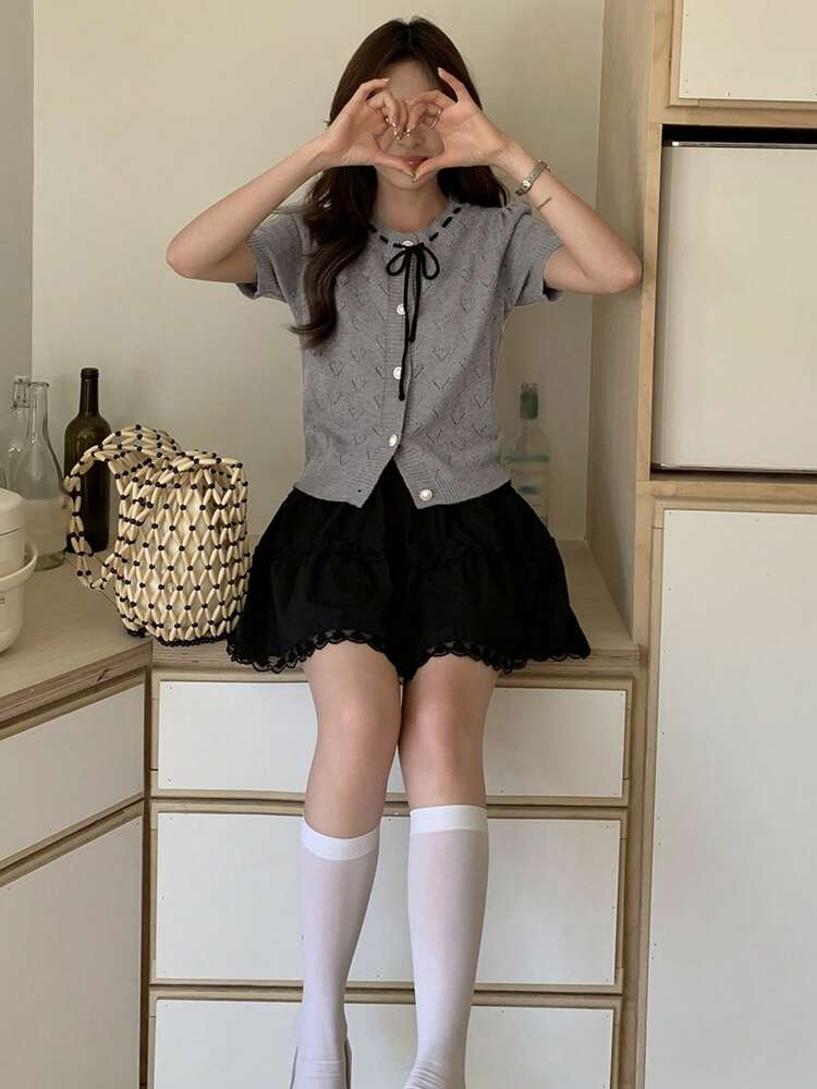 Women's Round Neck Hollow Heart Gray Short Sleeve Knit Cardigan