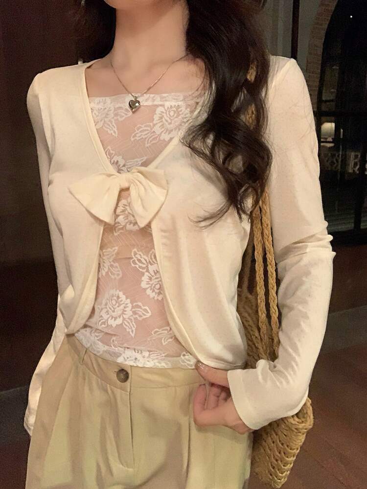 Women's Lace Patchwork Korean Style Sweet Casual Long Sleeve T-Shirt