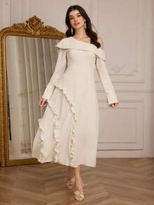 Modelyn Women's Elegant Asymmetrical Shoulder Frill Trim Midi Dress - Beige - View 5