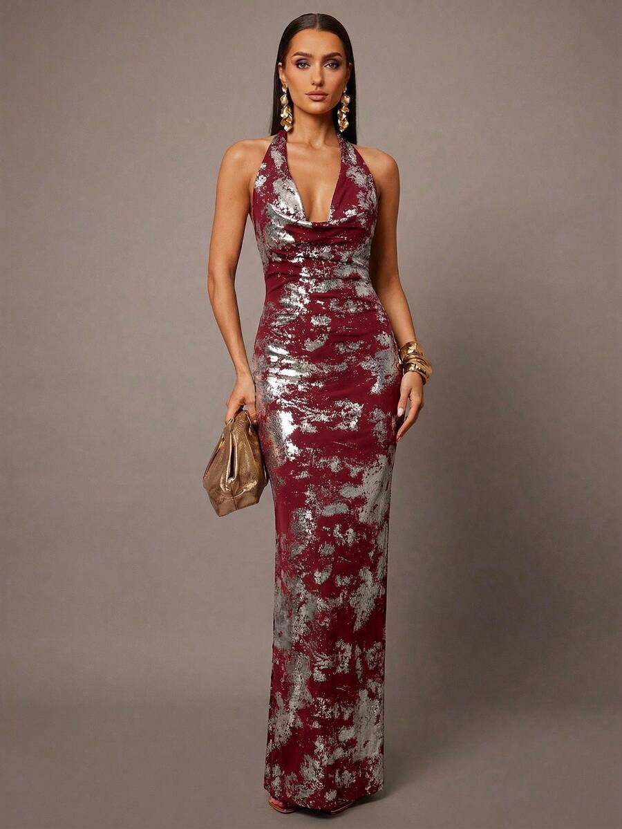 黑色金色系带露背针织连衣裙，金属箔连衣裙，网纱镂空长裙，休闲/约会/外出/夜店派对/聚会装扮，适合圣诞节穿着 - 酒紅色 - 查看 1