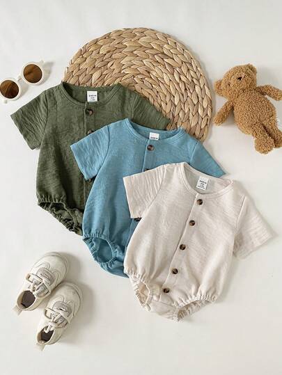 3 st/set babypojke-sparkdräkt med krinklat tyg och rund halsringning, avslappnad stil, lämplig för daglig utomhusbruk, skola, helgdag, sport, fest