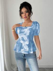 Elenzga Blouse ajustée à manches bouffantes avec volants et imprimé floral élégant pour femmes - Bleu ciel - Voir 3