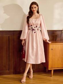 Vintamour Vintage klassisch elegantes Damenkleid, Herbst/Winter tailliertes Jacquard-Kleid, Jacquard-Kleid, Patchwork-Kleid, rosa langärmliges ausgestelltes Kleid - Pink - Übersicht 4