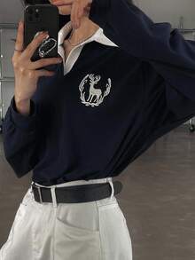 DAZY 女士休闲宽松落肩 T 恤，绣有鹿图案，图案 T 恤，返校服