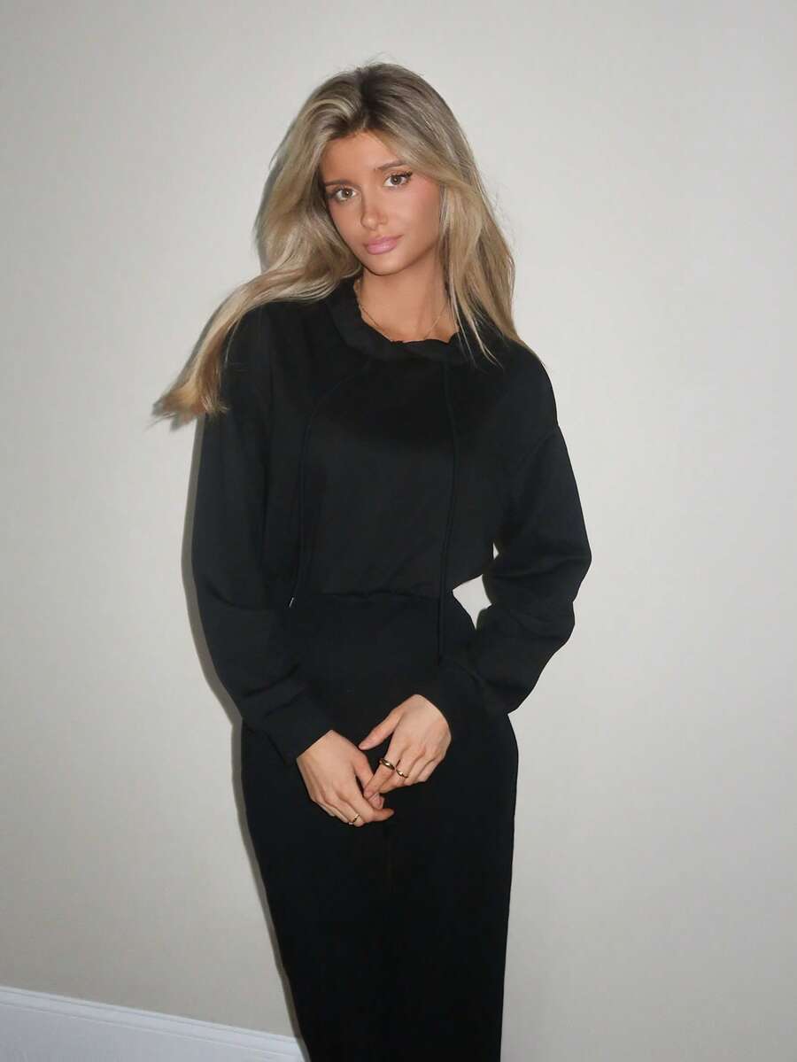 Sydney Algeri 女式棕色连帽束腰长袖运动衫，秋冬款 - 黑色 - 查看 1