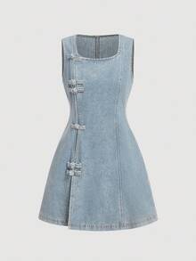 SHEIN MOD Women's Denim Sleeveless Fitted A-Line Dress, Blue - Light Wash - View 1