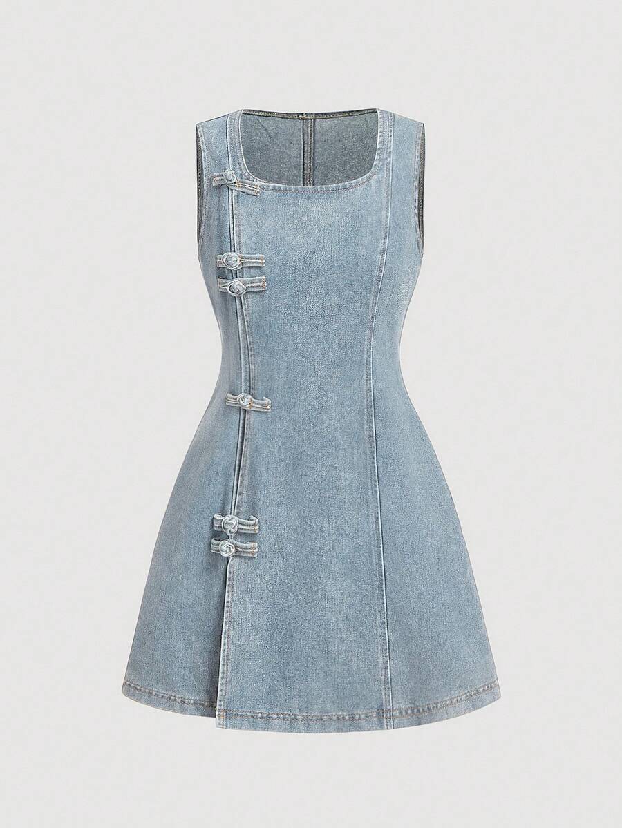 SHEIN MOD Women's Denim Sleeveless Fitted A-Line Dress, Blue - Light Wash - View 1