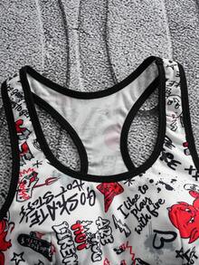 SHEIN HOT STUFF Conjunto de sujetador de tirantes y calzones cuadrados con estampado de letras cómodo para mujer - Blanco - Ver 3