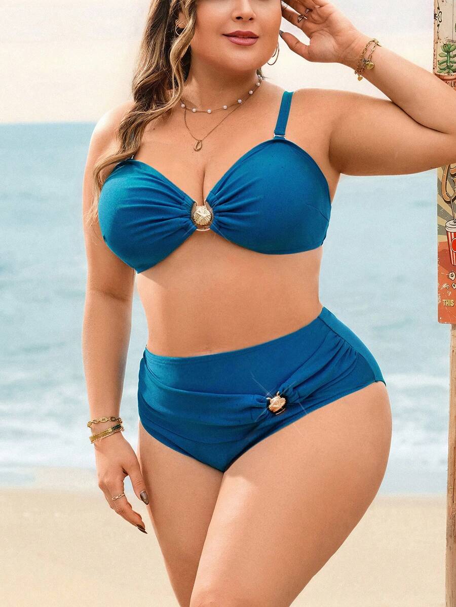 Swim Lushoire 大码女士纯色比基尼泳衣套装，三角裤带褶皱设计 - 水鴨藍 - 查看 1