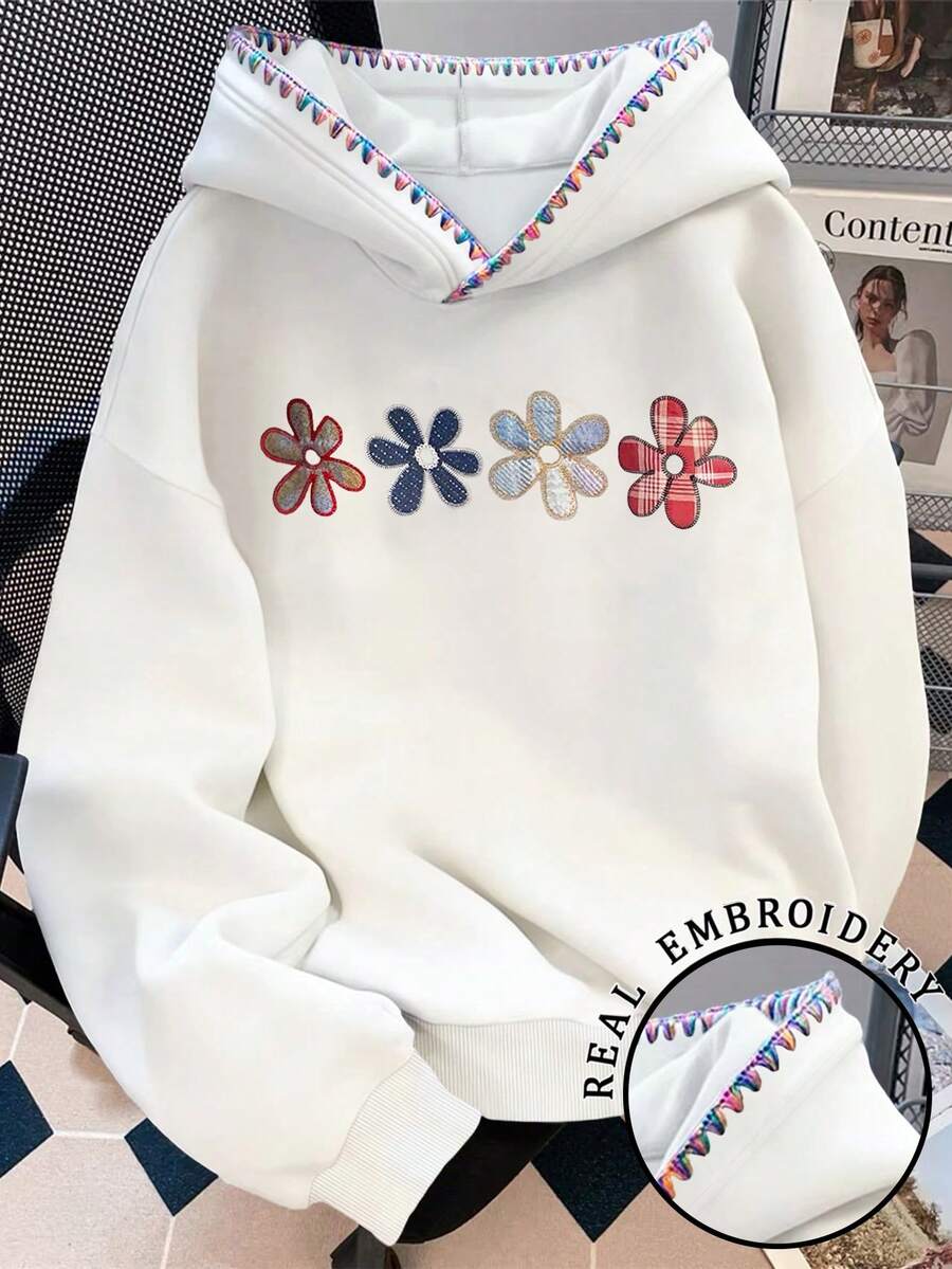 Resyla Women's Floral Pattern Drop Shoulder Long Sleeve Casual Loose Sweatshirt Sweatshirt - White - View 1