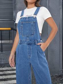 SHEIN Women's Fashion Casual Everyday Commute Denim Bib Pants With Side Pockets - Medium Wash - View 3