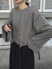 FRIFUL Women's Loose Cropped Sweatshirt With Ruffle Hem, Grey, Spring Apparel - Grey - View 6