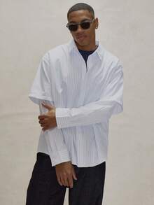 Musero 双层袖长袖细条纹翻领纽扣衬衫，修身时尚上衣，秋冬必备单品 - 白色 - 查看 5