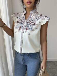 SHEIN Raffinéa Áo sơ mi nữ tay ngắn dáng rộng, in kỹ thuật số, phong cách nghỉ dưỡng, thích hợp cho kỳ nghỉ. - Nhiều màu - Xem 6