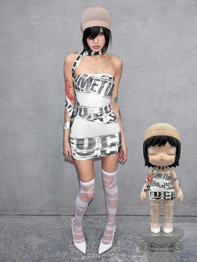 J-Fashion Women's Sexy Y3K Avant-Garde Logo Graphic Sheer Mini Bandeau Dress