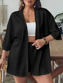 SHEIN VCAY 休闲复古树叶图案宽松大码两件套，适合夏季穿着 - 黑色 - 查看 3