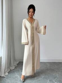 Elenzga 女士编织优雅长款秋季连衣裙 - 杏色 - 查看 5