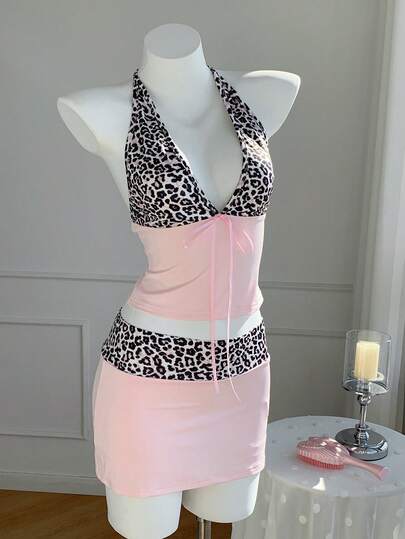Comfortcana Women's Summer Fashion Leopard Print Halter Top And Mini Skirt 2 Pieces Set Summer Outfit For Women