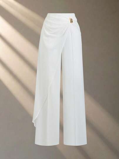 Franclia Women's White Trousers, Straight Trousers, Casual Trousers, Commuting Trousers, Stitching Trousers, Chiffon Trousers, Drooping Trousers, Soft Trousers, Metal Buckle Trousers, Versatile Trousers, Elegant Trousers, Asymmetrical Trousers, Spring And Summer Trousers,Vacation Trousets