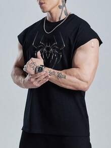 GymBeat Men's Spider Print Loose Fit Round Neck Sports Tank Top - Black - View 5