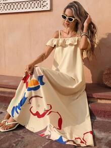 Selianne 女士杏色A字单肩无肩带印花连衣裙，适合海滩度假、下午茶等场合，春夏女士长款连衣裙 - 杏色 - 查看 7