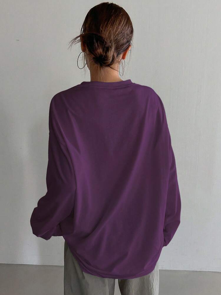 Casual Solid Color Round Neck Loose Long Sleeve T-Shirt For Women, Spring