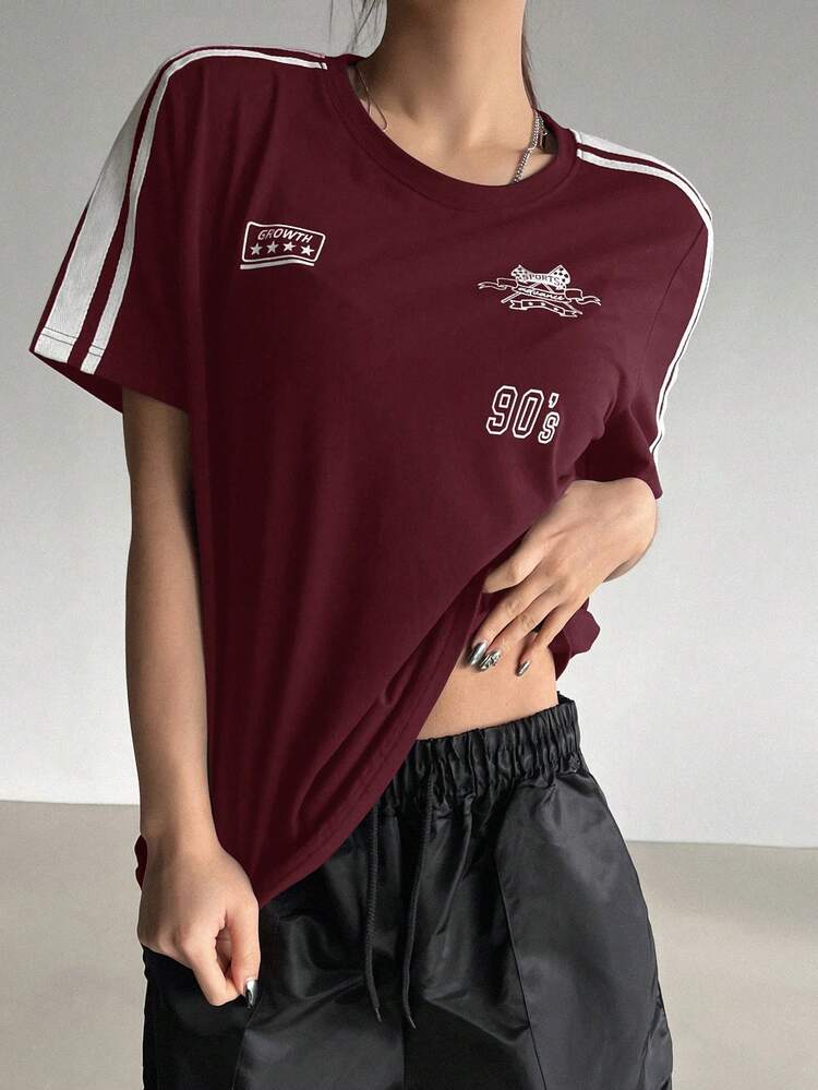Women Summer Short Sleeve Casual T-Shirt With Motorcycle Style Letter Print And Striped Decoration Jersey,Fall Clothes