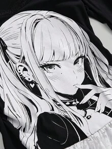 ROMWE Anime Medical Theme Print Contrast Lace Long Sleeve 2 In 1 T-Shirt (Includes Lace Camisole And Lace Hem Patchwork) - Black - View 3