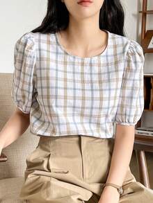 DAZY 格纹印花锁眼后背泡泡袖衬衫 夏季 - 彩色 - 查看 6