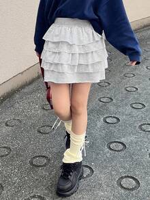 FRIFUL 純色彈性腰褶皺分層蕾絲布料短款休閒百搭裙 校園風 - 淺灰色 - 查看 6